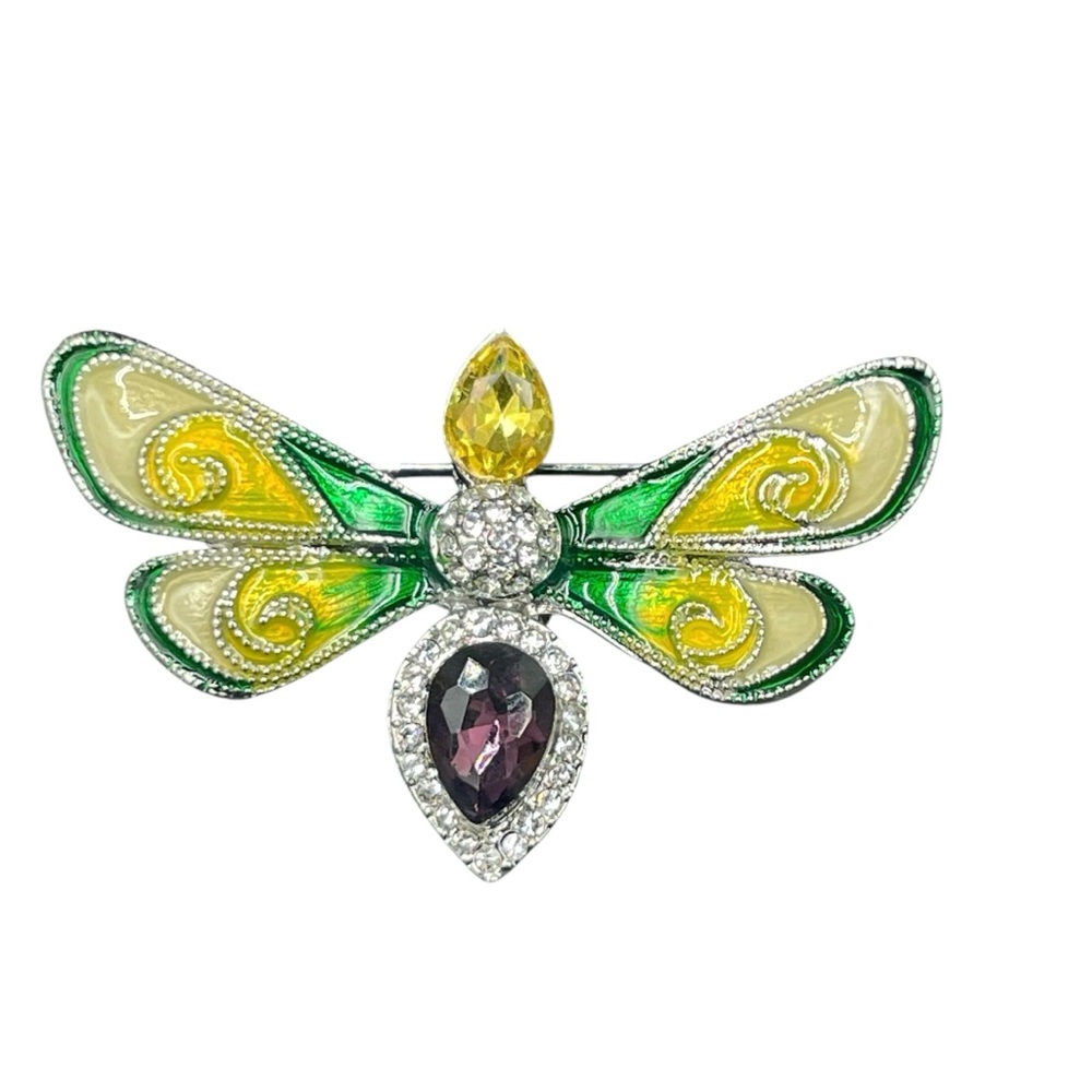 Elegant Green and Yellow Dragonfly Brooch Crystal Enamel Pendant